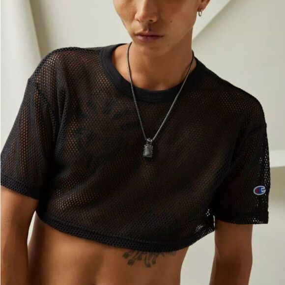 Champion x Urban Outfitters Mesh Crop Shimmel Tee Large Black NWT Exclusive - Picture 7 of 7